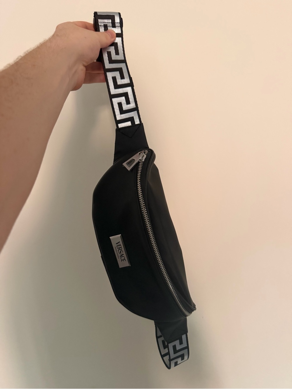 VERSACE FRAGRANCE - Black Belt Bag with White Greca Strap